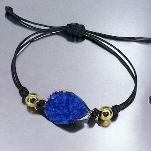 Chic NWOT Black Leather Adjustable Bracelet with Dazzling Gold & Blue Charm